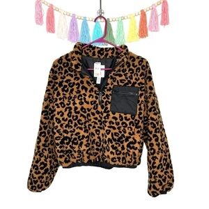 Full Tilt Faux Shearling Sherpa Cropped 1/4 Zip Leopard Pullover Popover NWT